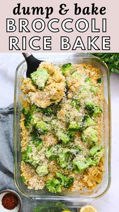 broccoli rice bake in a glass casserole dish with lemon wedges