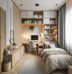 a bedroom with a bed, desk and bookshelf next to a large window