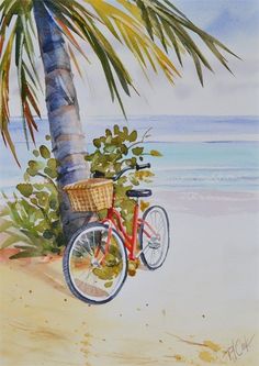 a painting of a bicycle parked on the beach next to a palm tree and water