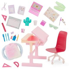 a toy desk and chair with various items surrounding it on a white surface, including pens, scissors, markers, pencils, paper clips, notebooks and more