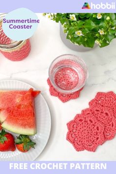 a watermelon slice on a plate next to some strawberries and other items