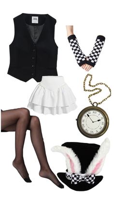 a woman is dressed up in black and white with her hat, skirt, clock and stockings