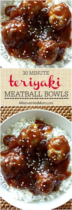 teriyaki meatball bowls with rice and sesame seeds