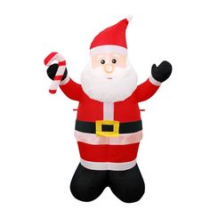 an inflatable santa clause is standing on one leg and holding a candy cane