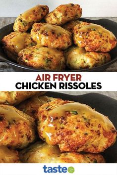 two pictures showing different types of food in the same pan and one has chicken risols on it