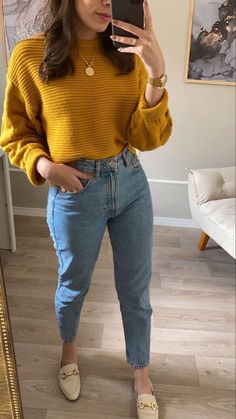 Styling Tan Loafers Women, Skirt And Flats Outfit Work Wear, Yellow Sweater And Jeans Outfit, Fall Business Casual Jean Outfits, Jeans For Work Business Casual Winter, Dressy Outfits 2023, Jeans Formal Outfit Women, August Outfits Women Casual, Women's Western Wear Outfits Casual