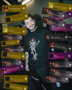 a man standing in front of a bunch of tweets on his face and chest