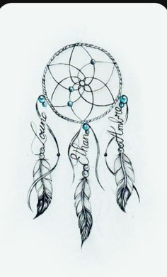 a drawing of a dream catcher with feathers