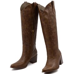 PRICES MAY VARY. Classic Style: These knee high cowboy boots are designed with classic embroidery,almond-shaped pointed toe and V-cut cuff design show stylish and elegant western style. Comfortable to Wear: Women's knee-high boots are made of soft PU leather for its outer,lined breathable mesh,offers a soft next-to-skin feel to give feet comfortable.The rubber sole is non-slip and durable, providing great cushioning and support. Heel Height: The chunky heel height of wide calf cowboy boots is ab Cowboy Boots Heels, Winter Knee-high Heeled Boots For Ranch, Wide Calf Boots For Country Events In Winter, Wide Calf Boots For Winter Country Events, Wide Calf Knee-high Boots For Country Events, Wide Calf Knee-high Boots For Country Events In Fall, Western-themed Knee-high Heeled Boots For Winter, Fall Wide Calf Knee-high Boots For Country Events, Country Style Knee-high Boots For Fall