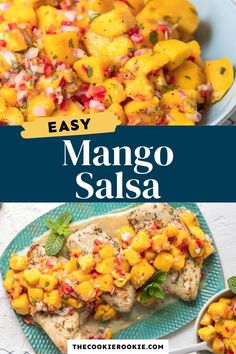 mango salsa in a bowl and on a plate with the title overlay that reads easy mango salsa