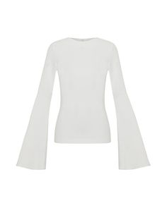 Elevate your wardrobe with the Atlas Bell Sleeve Top. Made from lightweight stretch crepe, this top features an engineered elbow pleat that adds volume to the sleeves, creating a sleek yet dramatic silhouette. Features am engineered elbow pleat and a zipper in the back. Designed in Los Angeles, made in Istanbul. 88% Polyester 12% Elastane Dry Clean Only Bell Sleeve, White Shirt Bell Sleeves, Chic Bell Sleeve Stretch Tops, Luxury Fitted Bell Sleeve Tops, Spring Bell Sleeve Top With Pleated Sleeves, White Bell Sleeve Top, European Models, Knit Loungewear, Stocking Fillers For Him