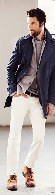 Mango for men White Jeans Men, White Jeans Outfit, Male Fashion Trends, Blue Coat, Brown Pants