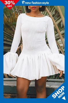 knowfashionstyle Casual O Neck Flare Sleeve Ruffle Hem Formal Party Evening Pleated Mini Dresses Party Mini Dresses, Formal Party Dresses, Fashion Work Outfit, Formal Parties, Mini Dresses Online, Formal Party Dress, Pleated Mini Dress, Long Sleeve Casual Dress, Formal Party