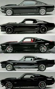 four different types of muscle cars in black and white