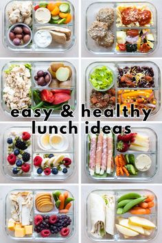 six different lunches in plastic containers with the words easy and healthy lunch ideas on them