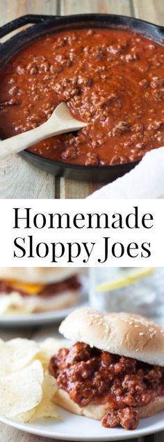 homemade sloppy joes on a white plate with a spoon in it and the title overlay reads homemade sloppy joes