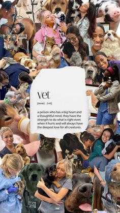 a collage of dogs and people with a sign in front of them that says vet