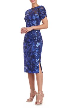 Sparkling sequins and floral embroidery illuminate this cocktail dress designed with an elongating neckline and a diipped back. 42" length (size 8) Hidden back-zip closure Bateau neck Short sleeves Lined 100% nylon Dry clean Imported Clover Tea, Sequin Short Dress, Cocktail Dresses With Sleeves, Tea Length Dress, Black Tie Wedding Guests, Duo Tone, Short Sleeve Midi Dress, Sequin Embroidery, Sequin Cocktail Dress