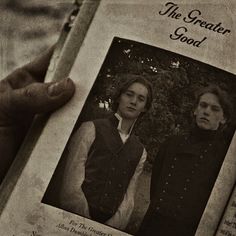 an old photo of two women in black vests holding up a book with the title, the greater good