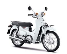 a white motor scooter is shown on a white background