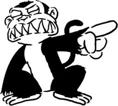 a black and white drawing of a monkey pointing at something with its mouth wide open