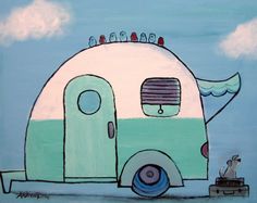 a painting of a green and white camper with an ocean scene in the background