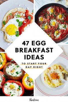 four different breakfast ideas to start your day right with eggs and tomatoes on the side