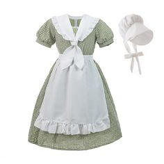 PRICES MAY VARY. 🌸 Four-piece prairie dresses for girls included: 1* Green Pioneer Dress, 1*Apron, 1*Bonnet,1*Shawl 🌸Pioneer Girl Costume Features - The colonial costume has back zipper, short puffy sleeve with button closure, square lace trim neckline. White ruffle shawl drapes over the shoulders and ties in front. Elastic at the waist for a comfy fit. The pioneer apron has self-fabric waist ties. White bonnet is same fabric as apron, has chin ties. Your girls will be ready to tackle the 18th Pioneer Apron, Pioneer Girl Costume, Pioneer Bonnet, Pioneer Costume, Colonial Costume, Pioneer Clothing, Pioneer Girl, Dress With Apron, White Bonnet