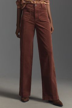 Cut from PAIGE's ultra-soft velvet corduroy (with just the right amount of stretch!), Sasha is a high-rise, wide-leg pant designed with perfectly placed patch pockets. | Sasha Corduroy High-Rise Wide-Leg Jeans by PAIGE in Brown, Women's, Size: 24, Cotton/Elastane/Modal at Anthropologie Brown Wide Leg Jeans, Thrift List, Anthropologie Clothing, High Rise Wide Leg Jeans, Pants Design, Pants Women, Corduroy Pants, Fall Wardrobe, Soft Velvet