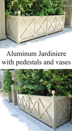 an outdoor planter is shown with the words aluminum jardinniere with pedestals and vases