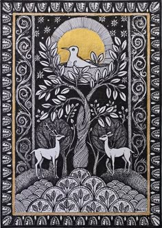 an art work depicting two deers under a tree with the sun in the background