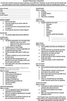 the printable checklist for an event is shown in black and white, which includes information