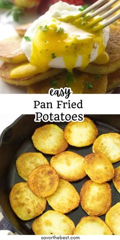 two pictures side by side one has fried potatoes and the other has cheese on top