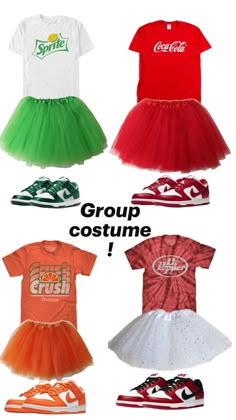 four different types of costumes with the words group costume written on them in black, white, red and green