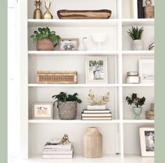 a white book shelf filled with lots of books and potted plants on top of it