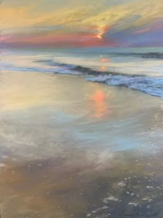 an oil painting of the sun setting over the ocean on a beach with waves coming in