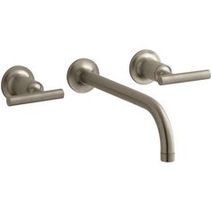 an image of two handles on a wall mounted faucet in brushed stainless steel