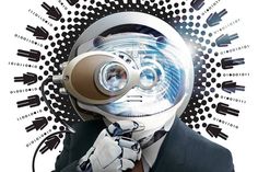 a man in a suit and tie wearing a futuristic headgear with an eyeball on his face