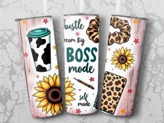 three bookmarks that say, hustle learn big boss mode and have sunflowers on them