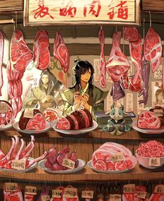 a woman standing in front of a butcher shop filled with lots of raw meats