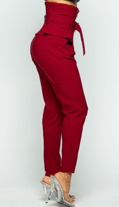 Burgundy High Waist Pants Belted Skinny Pants Pleated Stretch Zipper 70% RAYON 26% NYLON 4% SPANDEX Chic Belted Straight Leg Bottoms, Chic High-waisted Tie Waist Pants, Chic High-waisted Pants With Tie Waist, Stretch High-waisted Pants For Work, Solid Color Tapered Pants With Elastic Waistband, Chic Tie Waist Bottoms For Fall, Chic Tie Waist Ankle-length Pants, Solid Color Tapered Leg Pants With Elastic Waistband, Chic Tie Waist Bottoms For Workwear