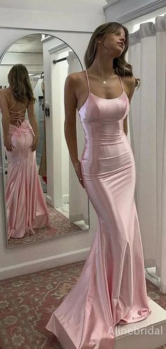 Elegant Pink Spaghetti Strap Mermaid Long Prom Dress,PD37923 – AlineBridal Satin Long Prom Dress, Stile Blair Waldorf, Prom Dress With Train, Fitted Prom Dresses, Stile Hijab, Prom Dress Inspo, Fest Outfits, Strapless Prom Dresses, Stunning Prom Dresses