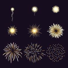 fireworks are lit up in the night sky with different colors and shapes, including stars