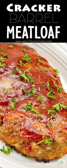 a plate with meatloaf covered in sauce and garnished with parsley