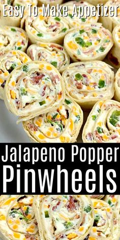 jalapeno popper pinwheels on a white plate with text overlay