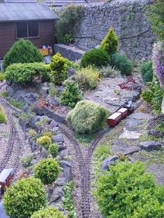 a model train set up in a garden with trees and bushes on the side of it