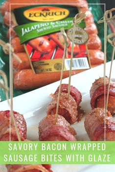 bacon wrapped hotdogs on skewers are ready to be eaten