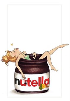 a woman laying on top of a nutella jar with the word's name above it