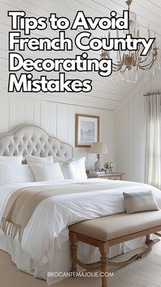 a white bed sitting under a chandelier in a bedroom