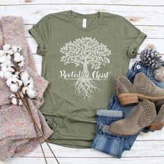 Tree rooted in christ tshirt Tshirt Hoodie Sweater Easy 30 day return policy Rooted In Christ, Christ Shirts, Women's Conference, Faith Based Clothing, Women's Ministry, Women Of Faith, Youth Group, Christian Tees, Crew Neck Shirt